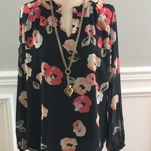 Navy sheer blouse with pink floral design